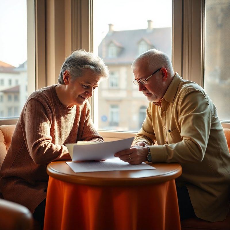 Cuplu matur revizuind documente de pensionare la lumina caldă a unei după-amiezi din Sibiu
